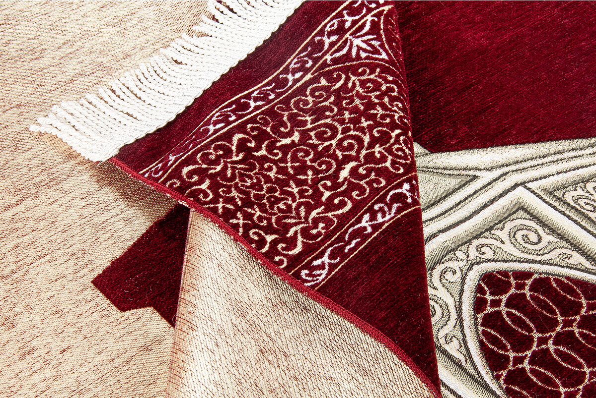 Makamı İbrahim Patterned Luxurious Chenille Prayer Rug - Claret Red