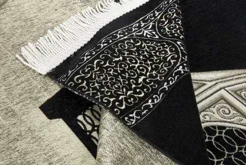 Makamı İbrahim Patterned Luxury Chenille Prayer Rug Black - İhvan (1)