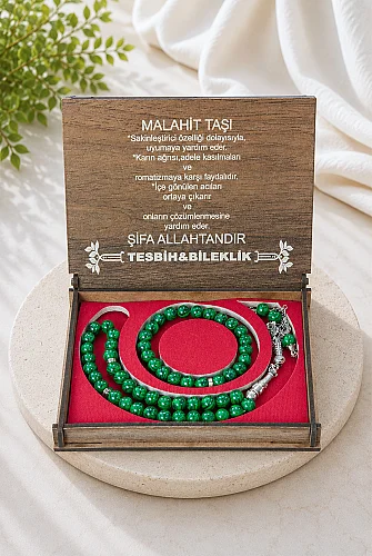 Malahit Taşı 33 lu Tesbih ve Bileklik Seti – Ahşap Kutulu Doğal Taş Hediye Seti - 1