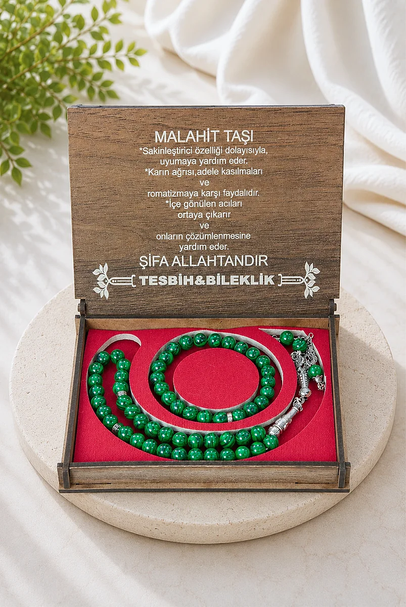 Malahit Taşı 33 lu Tesbih ve Bileklik Seti – Ahşap Kutulu Doğal Taş Hediye Seti - 1