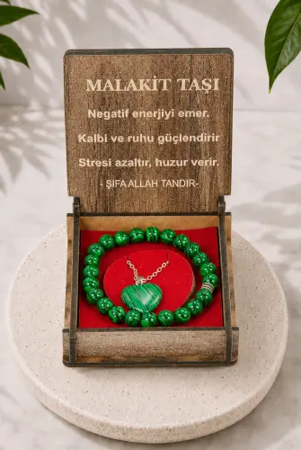 Malakit Taşı Bileklik ve Kolye Seti - Ahşap Kutulu Hediyelik - 1