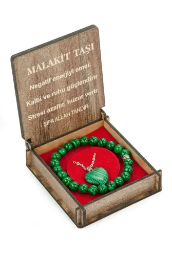 Malakit Taşı Bileklik ve Kolye Seti - Ahşap Kutulu Hediyelik - 4