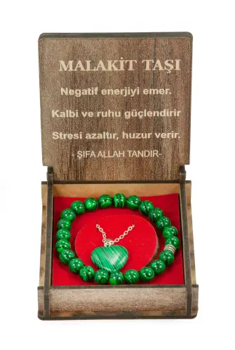 Malakit Taşı Bileklik ve Kolye Seti - Ahşap Kutulu Hediyelik - 5