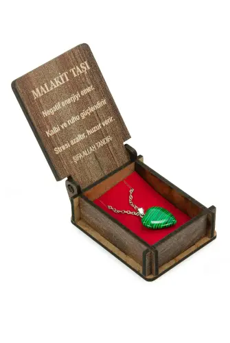 Malakit Taşı Kalp Kolye - Ahşap Kutulu Hediyelik - 3