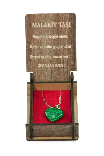 Malakit Taşı Kalp Kolye - Ahşap Kutulu Hediyelik - 4