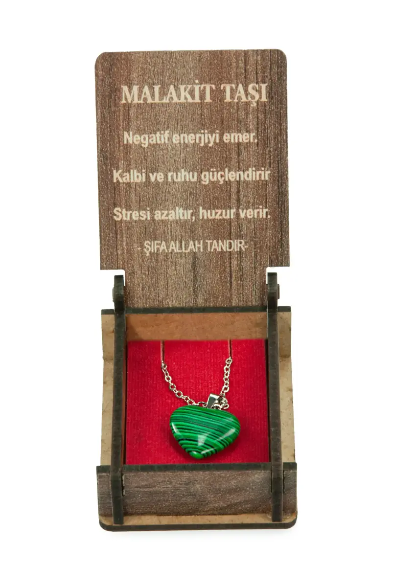 Malakit Taşı Kalp Kolye - Ahşap Kutulu Hediyelik - 4