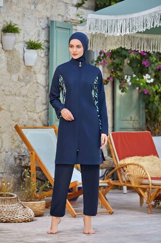Maresiva 8284-24 Koyu Lacivert Jileli Battal Boy Tam Kapalı Tesettür Mayo - 1