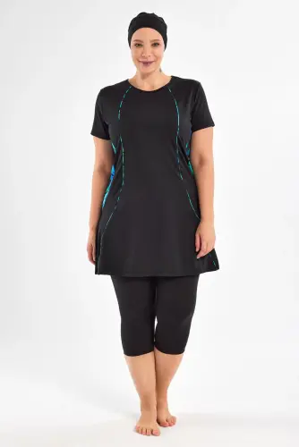 Maresiva Büyük Beden Desenli Kısa Kollu 3 Parça Hızlı Kuruyan Yarı Kapalı Mayo Takımı 2803-25 Siyah - 1