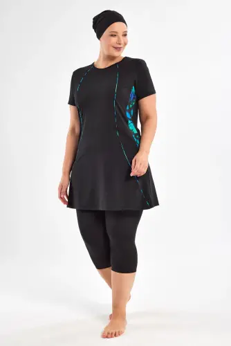 Maresiva Büyük Beden Desenli Kısa Kollu 3 Parça Hızlı Kuruyan Yarı Kapalı Mayo Takımı 2803-25 Siyah - Maresiva (1)