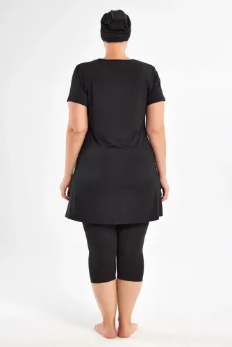 Maresiva Büyük Beden Desenli Kısa Kollu 3 Parça Hızlı Kuruyan Yarı Kapalı Mayo Takımı 2803-25 Siyah - 4