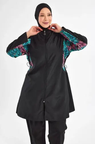 Maresiva Büyük Beden Desenli Uzun Kollu 3 Parça Hızlı Kuruyan Tam Tesettür Mayo Takımı 2802-25 Siyah - 1