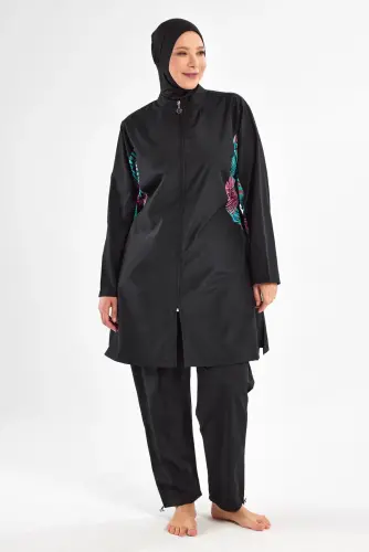 Maresiva Büyük Beden Desenli Uzun Kollu 3 Parça Hızlı Kuruyan Tam Tesettür Mayo Takımı 2802-25 Siyah - Maresiva (1)