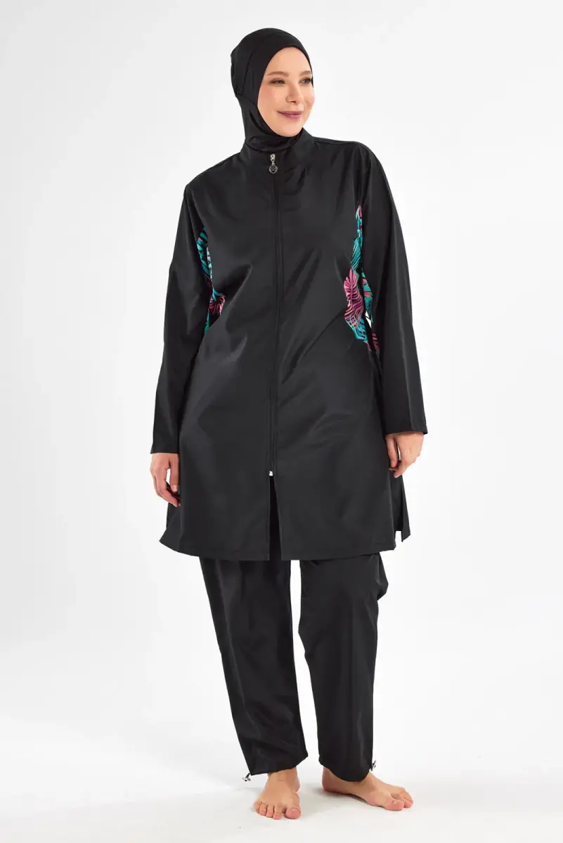 Maresiva Büyük Beden Desenli Uzun Kollu 3 Parça Hızlı Kuruyan Tam Tesettür Mayo Takımı 2802-25 Siyah - 2