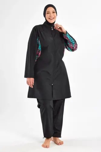 Maresiva Büyük Beden Desenli Uzun Kollu 3 Parça Hızlı Kuruyan Tam Tesettür Mayo Takımı 2802-25 Siyah - 3