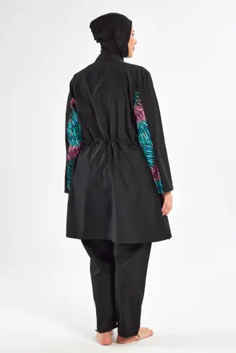 Maresiva Büyük Beden Desenli Uzun Kollu 3 Parça Hızlı Kuruyan Tam Tesettür Mayo Takımı 2802-25 Siyah - 4
