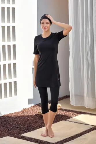 Maresiva Jileli Kısa Kollu Yarı Kapalı Tesettür Mayo 2606-25 Siyah - 1