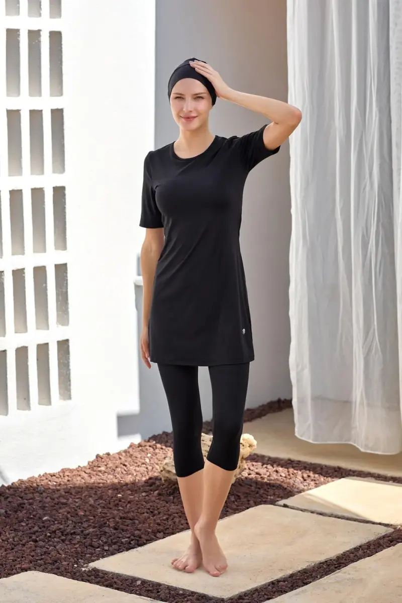 Maresiva Jileli Kısa Kollu Yarı Kapalı Tesettür Mayo 2606-25 Siyah - 1