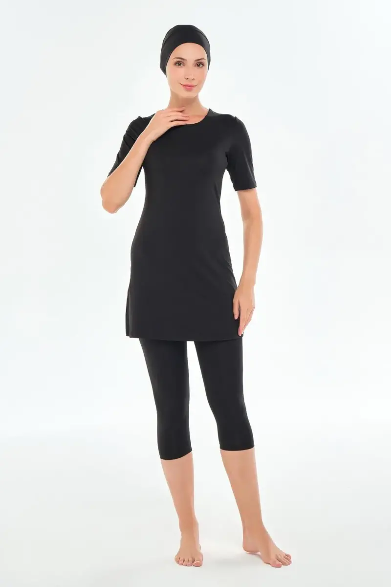 Maresiva Jileli Kısa Kollu Yarı Kapalı Tesettür Mayo 2606-25 Siyah - 2
