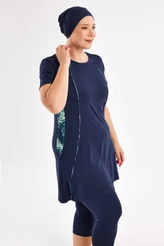Maresiva Kadın Battal Kısa Kollu 3 Parça Yarı Kapalı Mayo Takımı 2804-25 Lacivert - Maresiva (1)