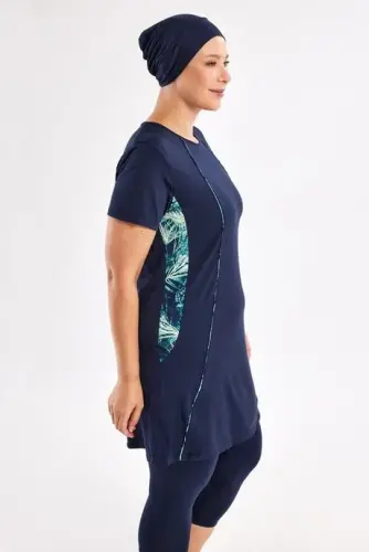 Maresiva Kadın Battal Kısa Kollu 3 Parça Yarı Kapalı Mayo Takımı 2804-25 Lacivert - 3