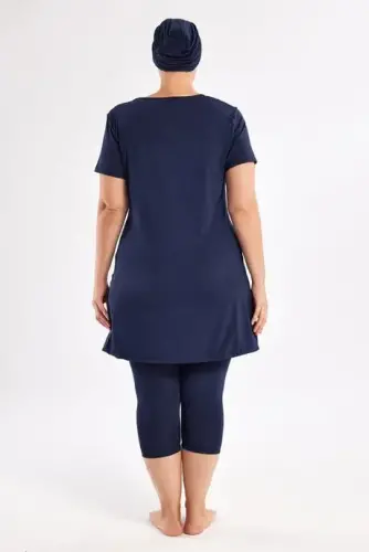 Maresiva Kadın Battal Kısa Kollu 3 Parça Yarı Kapalı Mayo Takımı 2804-25 Lacivert - 4