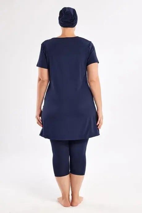 Maresiva Kadın Battal Kısa Kollu 3 Parça Yarı Kapalı Mayo Takımı 2804-25 Lacivert - 4