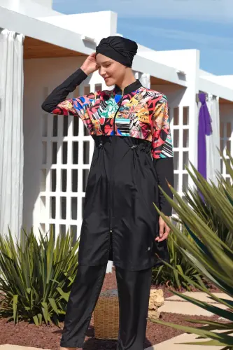 Maresiva Kadın Tropikal Desenli Uzun Kollu 3 Parça Hızlı Kuruyan Tam Tesettür Mayo Takımı 2506-25 Siyah - 1