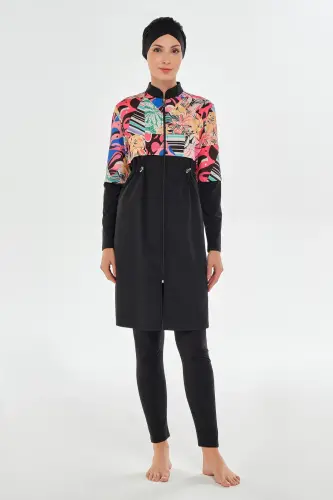 Maresiva Kadın Tropikal Desenli Uzun Kollu 3 Parça Hızlı Kuruyan Tam Tesettür Mayo Takımı 2506-25 Siyah - Maresiva (1)