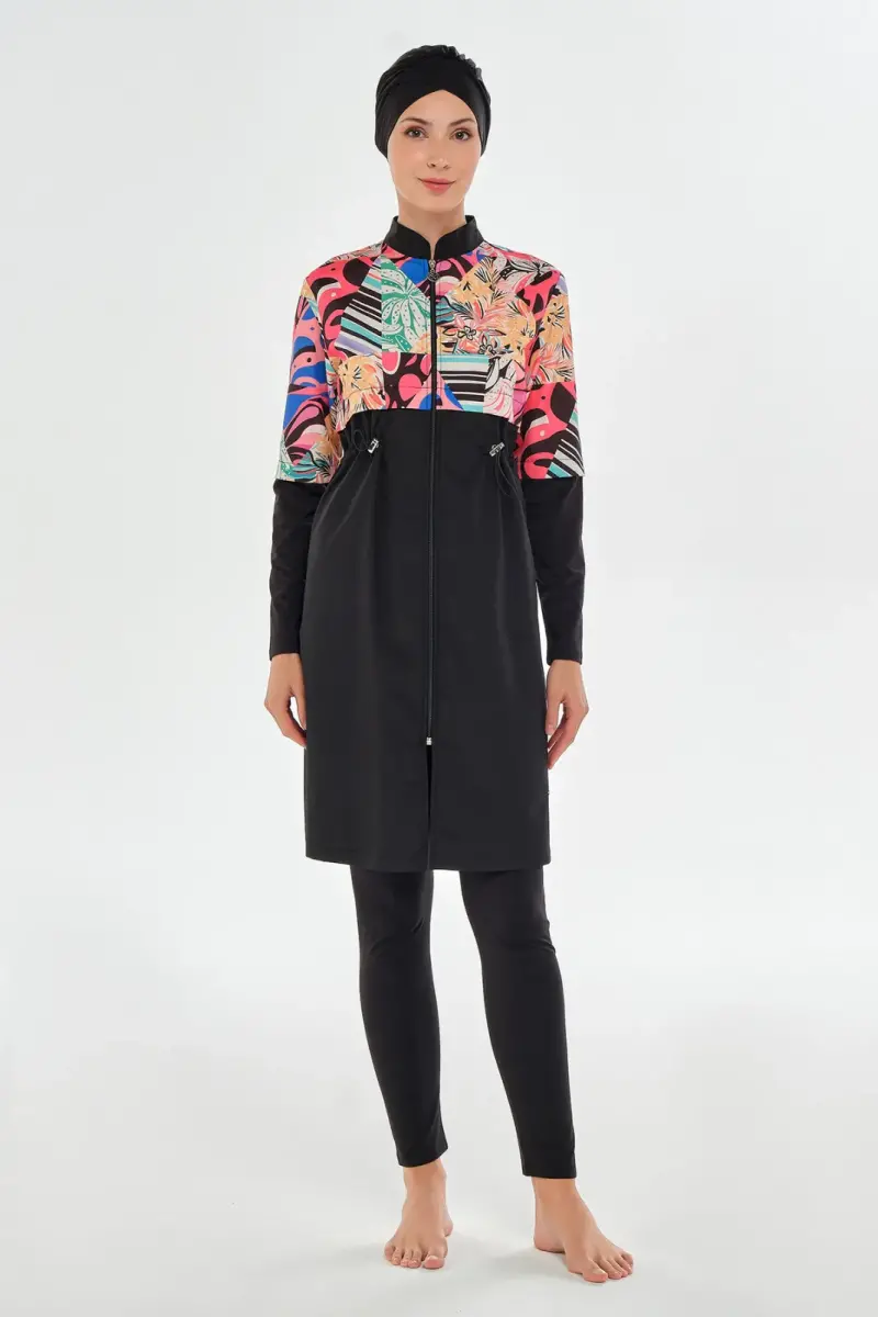 Maresiva Kadın Tropikal Desenli Uzun Kollu 3 Parça Hızlı Kuruyan Tam Tesettür Mayo Takımı 2506-25 Siyah - 2
