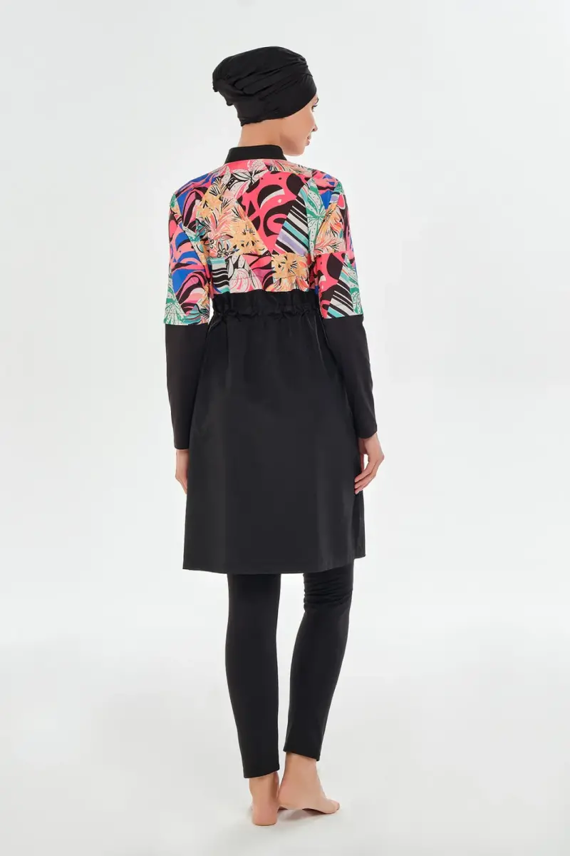 Maresiva Kadın Tropikal Desenli Uzun Kollu 3 Parça Hızlı Kuruyan Tam Tesettür Mayo Takımı 2506-25 Siyah - 3