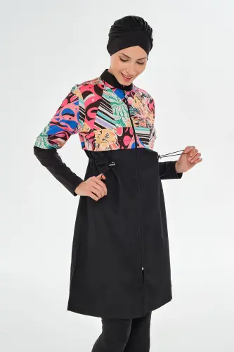 Maresiva Kadın Tropikal Desenli Uzun Kollu 3 Parça Hızlı Kuruyan Tam Tesettür Mayo Takımı 2506-25 Siyah - 4