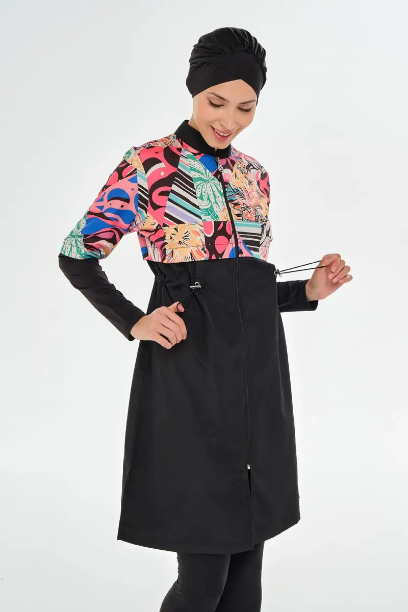 Maresiva Kadın Tropikal Desenli Uzun Kollu 3 Parça Hızlı Kuruyan Tam Tesettür Mayo Takımı 2506-25 Siyah - 4