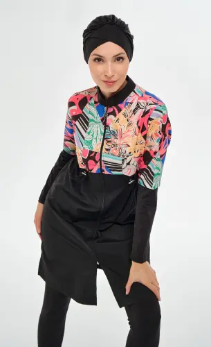 Maresiva Kadın Tropikal Desenli Uzun Kollu 3 Parça Hızlı Kuruyan Tam Tesettür Mayo Takımı 2506-25 Siyah - 5