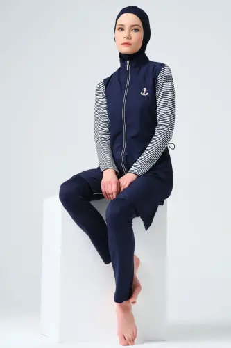 Marin Uzun Kollu Lacivert Kadın Tam Kapalı Tesettür Mayo 23438-25 - 1