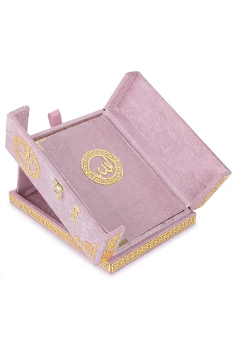 Masa Üstü Çift Kapaklı Kadife Kaplı Sandıklı Kuran Seti - Pembe - 1