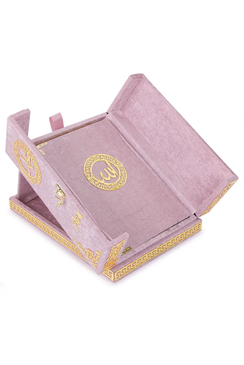 Masa Üstü Çift Kapaklı Kadife Kaplı Sandıklı Kuran Seti - Pembe - 1
