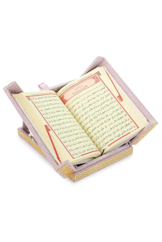 Masa Üstü Çift Kapaklı Kadife Kaplı Sandıklı Kuran Seti - Pembe - 4