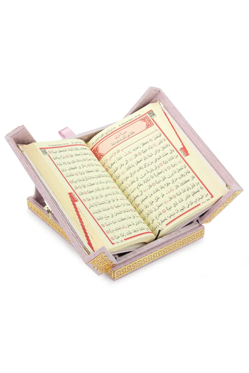 Masa Üstü Çift Kapaklı Kadife Kaplı Sandıklı Kuran Seti - Pembe - 4