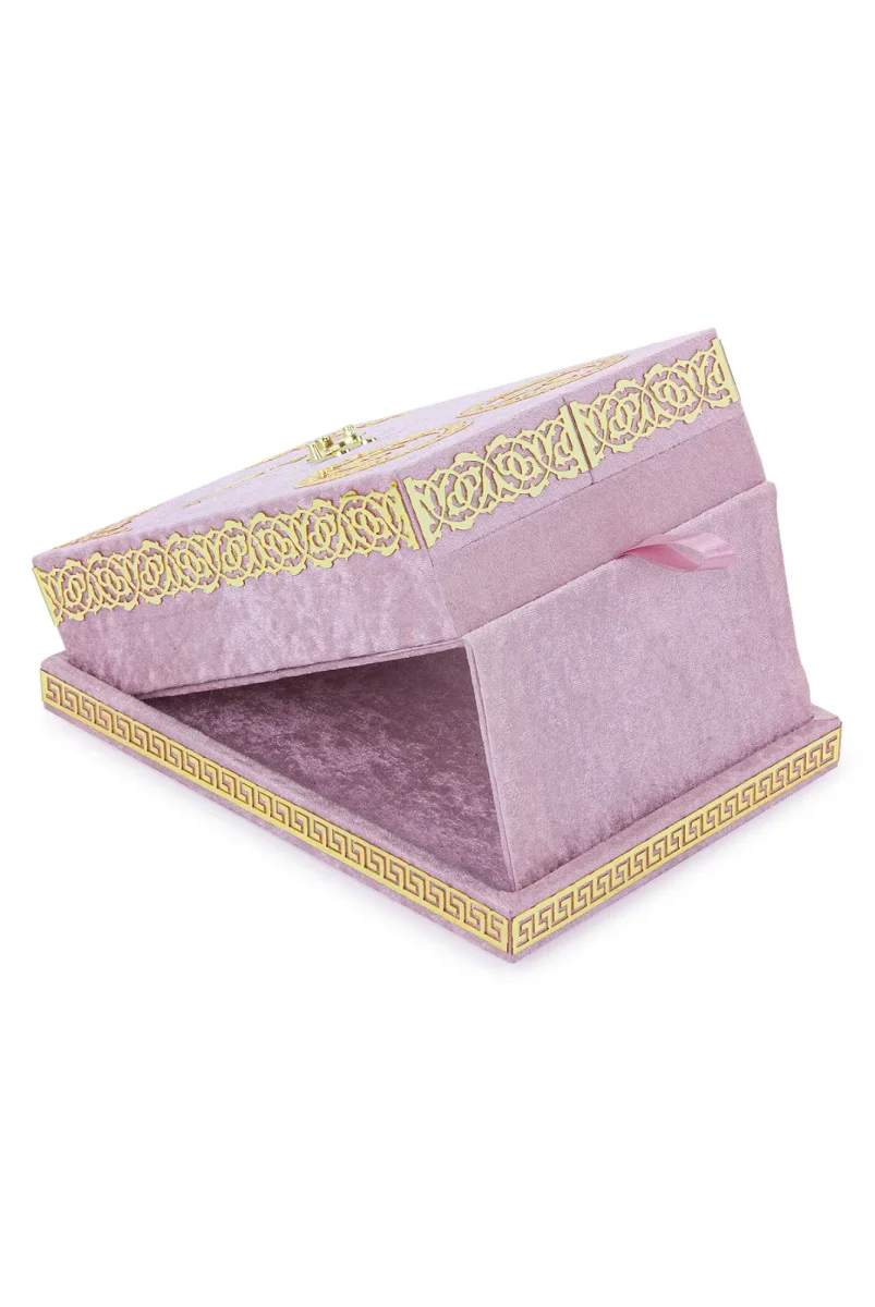 Masa Üstü Çift Kapaklı Kadife Kaplı Sandıklı Kuran Seti - Pembe - 5