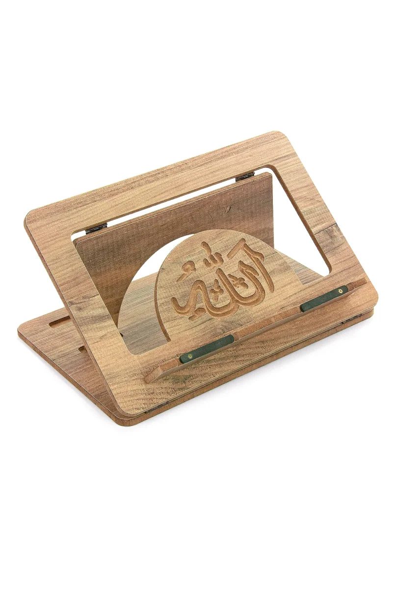 Masaüstü Kademeli Ayarlanabilir Allah Yazılı Sayfa Tutucu Aparatlı Ahşap Rahle, Katlanabilir Tablet Standı - 3