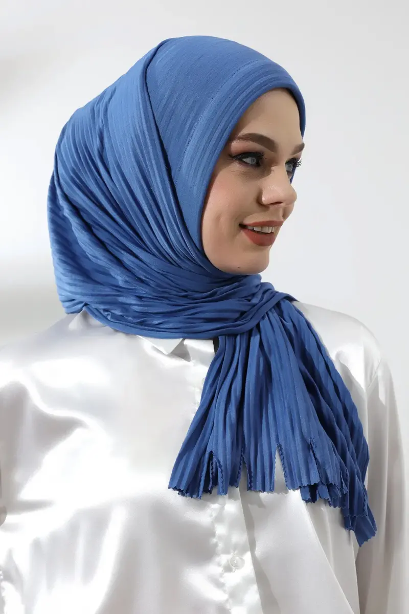 Mavi Tesettür Hazır Pratik Fitilli Pamuklu Şal - 3