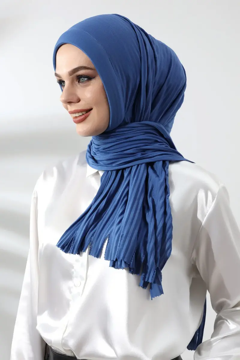 Mavi Tesettür Hazır Pratik Fitilli Pamuklu Şal - 4