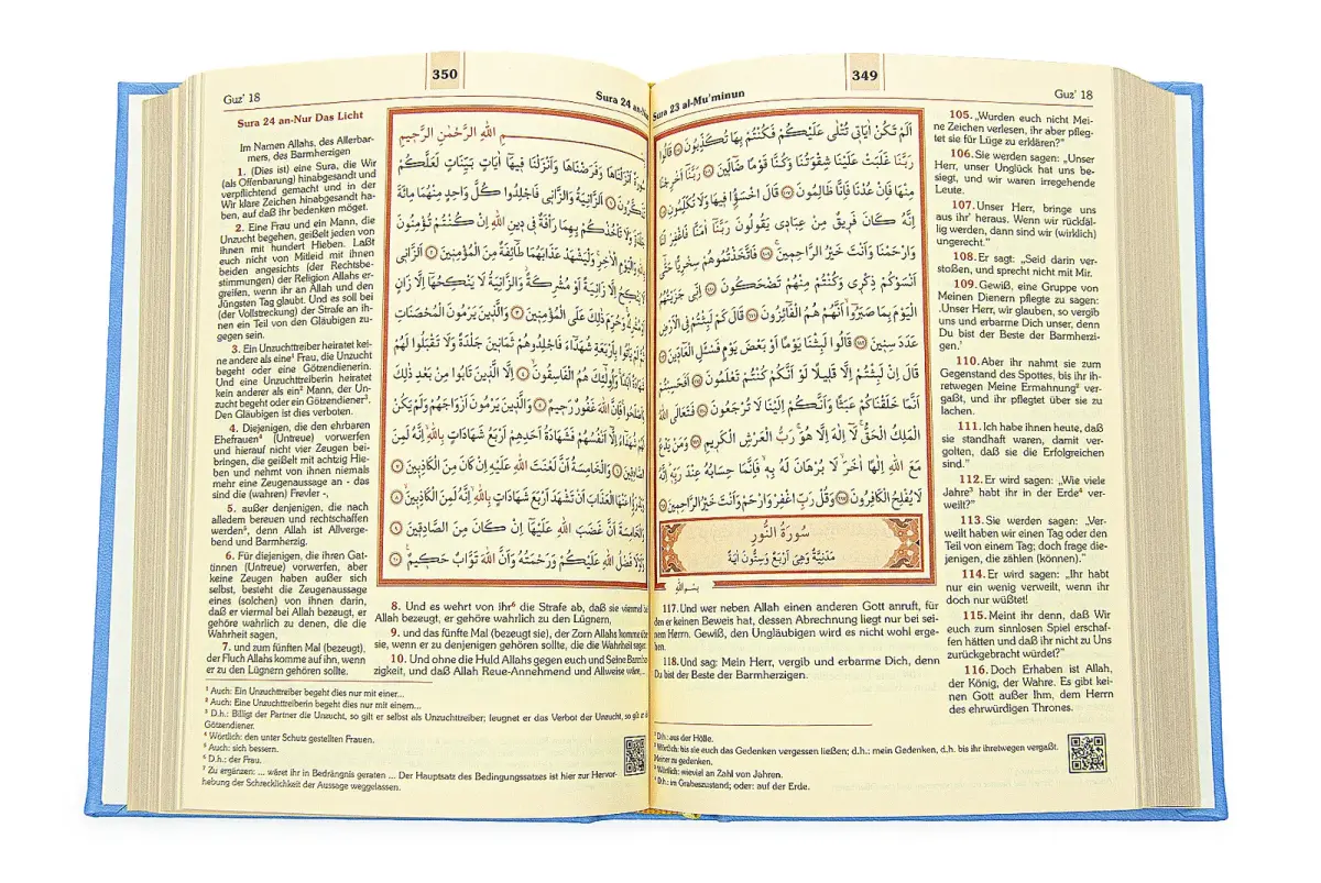 Medina Calligraphy Quran with German Meaning and Prayer Rug Set Blue - 9