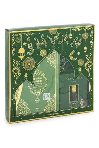 Medina Calligraphy Quran with German Meaning and Prayer Rug Set Green - ihvanonline (1)