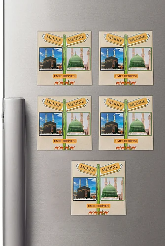 Mekke Medine Temalı Magnet 5 li Set – Umre Hediyelik Buzdolabı Magneti 6.5x6.5 cm 