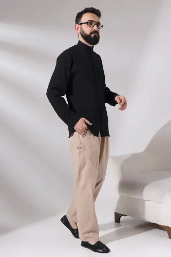 Men's Beige Çınar Beach Side Pocket Casual Cut Elastic Waist Cargo Shalwar Trousers - ihvanonline (1)
