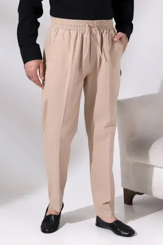 Men's Beige Çınar Beach Side Pocket Casual Cut Elastic Waist Cargo Shalwar Trousers - 3