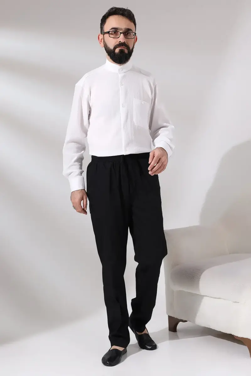 Men's Black Çınar Beach Side Pocket Casual Cut Elastic Waist Cargo Shalwar Trousers - 5