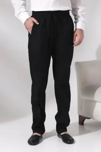 Men's Black Çınar Beach Side Pocket Casual Cut Elastic Waist Cargo Shalwar Trousers - 2
