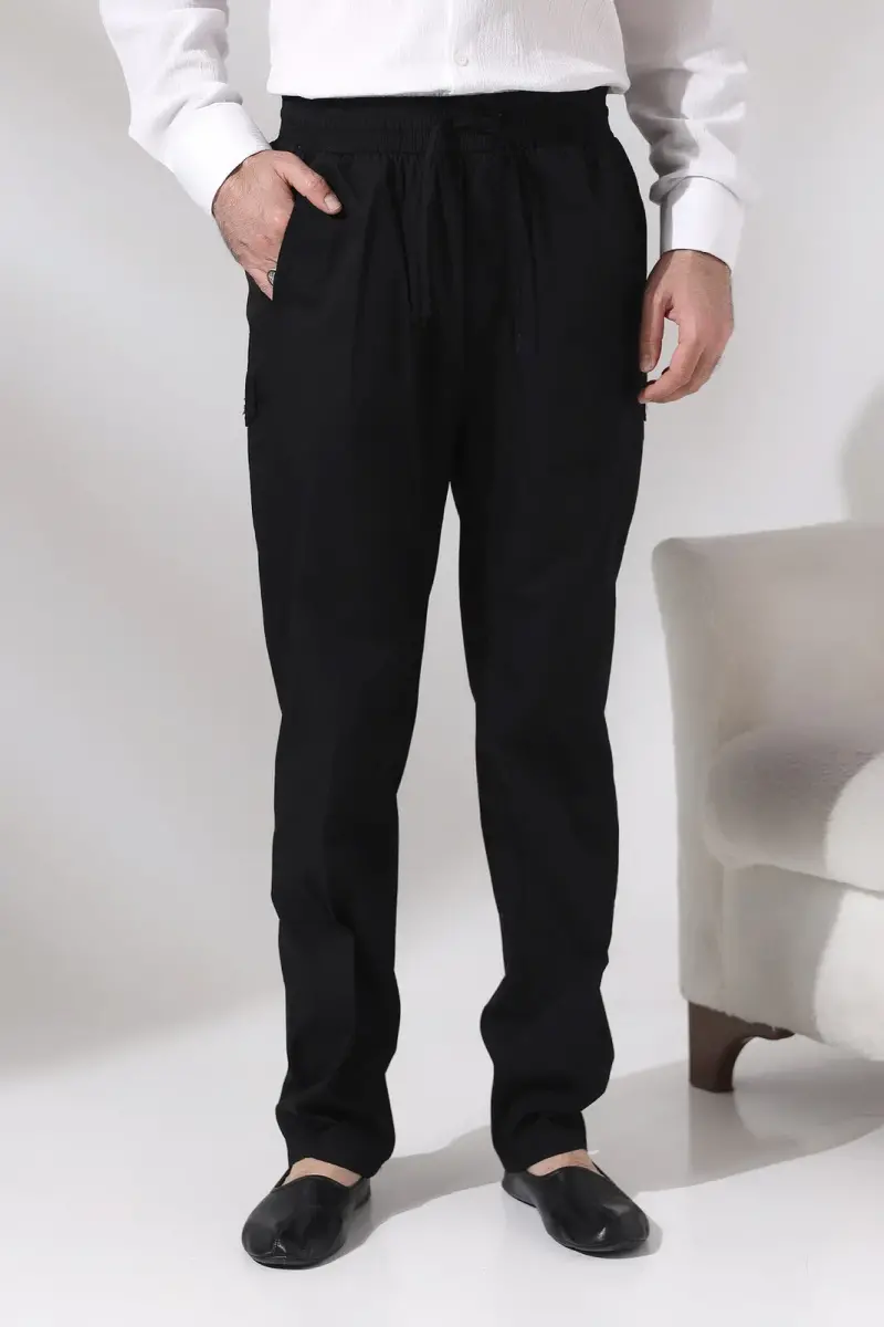 Men's Black Çınar Beach Side Pocket Casual Cut Elastic Waist Cargo Shalwar Trousers - 2
